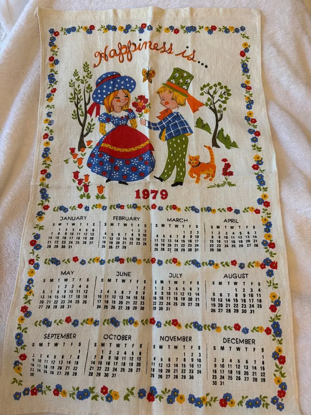 Vintage 1979 Happiness Is Linen Calendar Tea Towel Colonial Boy Girl Cat 80s
